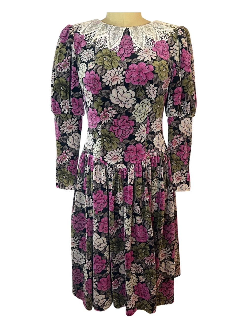 Vintage 80’s Velvet Floral Midi Prairie Dress with Lace Collar - Pink & Green